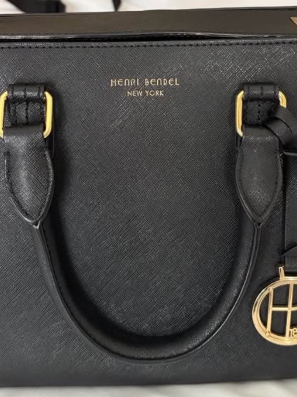 Henri Bendel Black Saffiano Leather Satchel / Tote – Gold Hardware+HB 1895 Charm